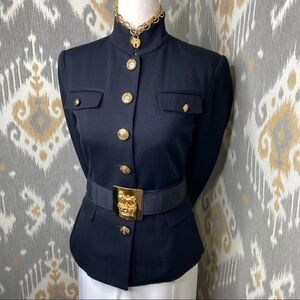 Ralph Lauren Black Worsted Wool Military Inspired Gold Crest Button Blazer